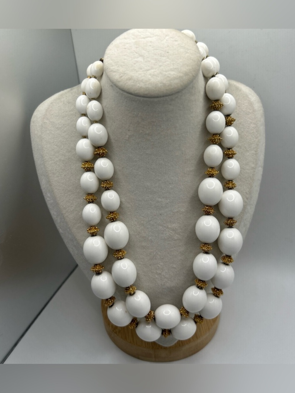 Vintage Signed Trifari White Beaded Double Strand Necklace Ornate Gold Spacers